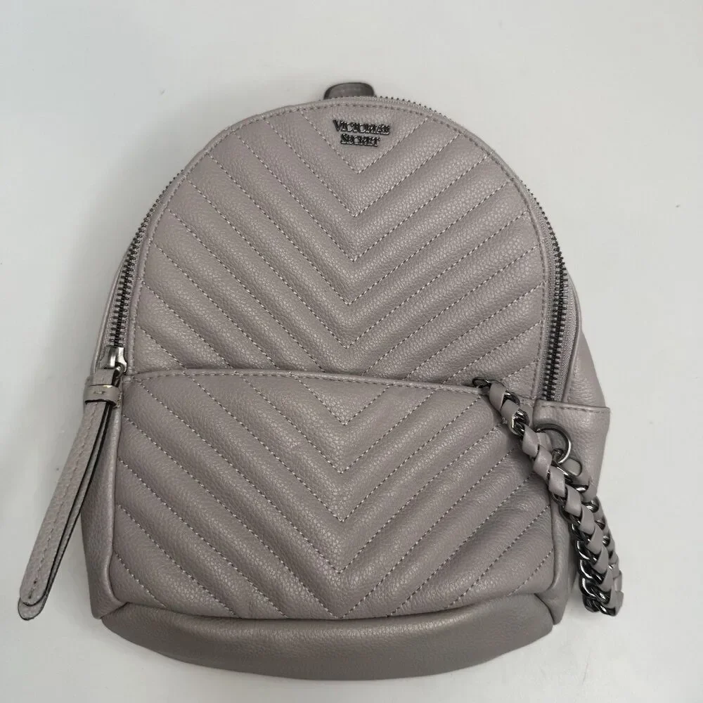 Victoria’s Secret Grey Quilted Mini Backpack Chain Accents 9
